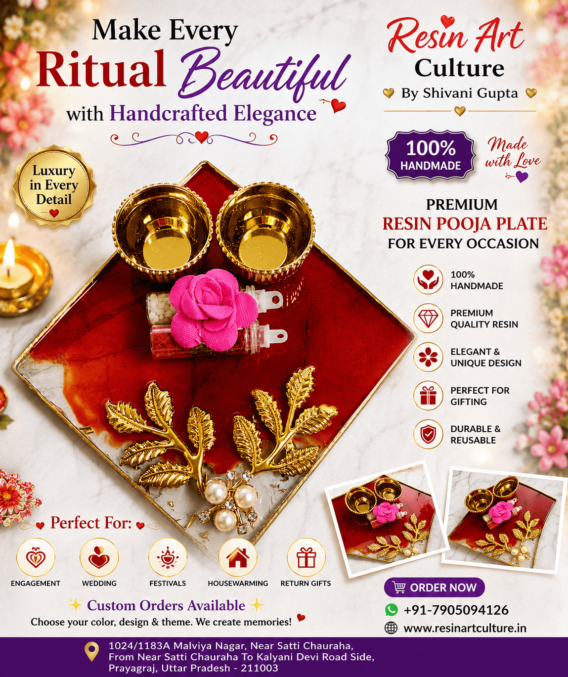 Handmade Square Resin Pooja Plate with Kumkum Bowls Premium Ritual Thali